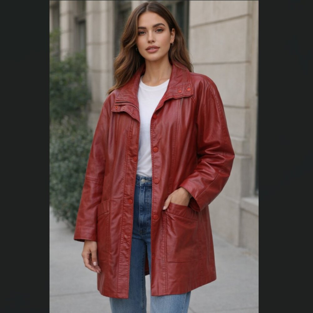 Women's Vintage Red Leather Long Jacket